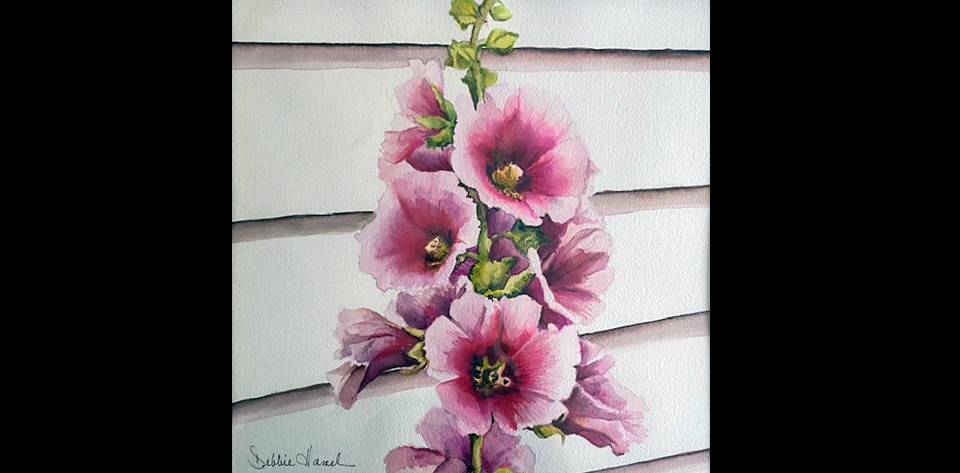 Hollyhocks Watercolor by Debbie Hamel